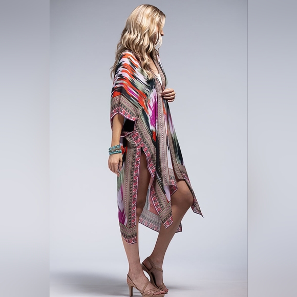 Artistic Vibrant Ethnic Print Kimono - Detailed Border - Lightweight & Silky - Picture 2 of 5